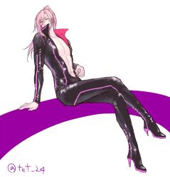 Rule 34 | 1boy, abs, arm support, black bodysuit, bodysuit, catsuit, cherry blossom (sk8), covered mouth, crossed legs, full body, high heels, invisible chair, long hair, looking at viewer, male focus, pink hair, ponytail, simple background, sitting, sk8 the infinity, solo, tet 24, toned, toned male, twitter username, unzipped, white background, yellow eyes