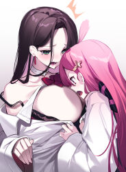 Rule 34 | 2girls, ahoge, black bra, black hair, bouncing breasts, bow, bra, breasts, cleavage, collar, copyright request, earrings, face to breasts, green eyes, highres, jewelry, large breasts, long hair, long sleeves, looking at another, looking at breasts, motion blur, multiple girls, off shoulder, open clothes, open mouth, pink hair, red bow, red eyes, simple background, tearing up, underwear, upper body, white collar, yaguo