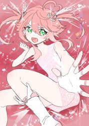 Rule 34 | 1boy, ahoge, blush, dress, ensemble stars!, fingerless gloves, gloves, green eyes, hair ornament, heart, heart ahoge, heart hair ornament, highres, himemiya tori, magical boy, male focus, multicolored background, open mouth, pink background, pink dress, pink hair, puputyann, red background, sketch, smile, solo, twintails, white footwear, white gloves