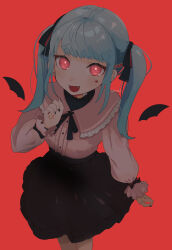 Rule 34 | 1girl, absurdres, bandage on neck, bat wings, blue hair, blush, center frills, commentary, facial mark, fangs, frilled shirt collar, frills, from above, hair ornament, hair ribbon, hairclip, hand up, hatsune miku, heart, heart facial mark, heart hair ornament, highres, jewelry, long hair, long sleeves, looking at viewer, mini wings, nail polish, neck ribbon, open mouth, red background, red eyes, ribbon, ring, shirt tucked in, skirt, smile, solo, sorami, twintails, vampire, vampire (vocaloid), vocaloid, wings