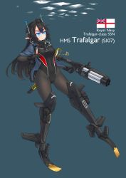 Rule 34 | 1girl, armor, bad id, bad pixiv id, black hair, black pantyhose, blue eyes, blue jacket, competition swimsuit, dakku (ogitsune), diving mask, full body, goggles, greaves, headgear, highres, hms trafalgar (s107), holding, holding weapon, jacket, long hair, mecha musume, military, military vehicle, one-piece swimsuit, original, pantyhose, pantyhose under swimsuit, personification, pointy ears, royal navy, ship, short sleeves, submarine, swimsuit, thighhighs, warship, watercraft, weapon, white ensign