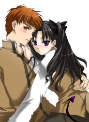 Rule 34 | 00s, 1boy, 1girl, black hair, blue eyes, blush, couple, demon tail, emiya shirou, fate/stay night, fate (series), hand on own hip, hand on shoulder, hetero, homurahara academy school uniform, hug, looking at viewer, looking back, orange hair, reclining, school uniform, short hair, simple background, tail, tohsaka rin, twintails, two side up, yellow eyes