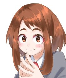 Rule 34 | 1girl, blazer, blush, boku no hero academia, brown eyes, brown hair, closed mouth, commentary, dress shirt, fingers together, grey jacket, hand to own mouth, highres, jacket, looking at viewer, mitsugu, necktie, own hands together, portrait, red necktie, school uniform, shirt, short hair, short hair with long locks, sidelocks, simple background, smile, solo, steepled fingers, thick eyebrows, u.a. school uniform, uraraka ochako, white background, white shirt