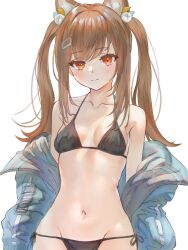 Rule 34 | 1girl, animal ears, bikini, black bikini, blue jacket, breasts, brown hair, closed mouth, hair ornament, highres, jacket, long hair, looking at viewer, marulire, morinaga miu, navel, paryi project, simple background, small breasts, solo, swimsuit, two side up, virtual youtuber, white background