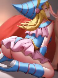 Rule 34 | 1boy, 1girl, ass, bare shoulders, blonde hair, boots, breasts, censored, closed eyes, dark magician girl, detached sleeves, fellatio, from side, ginhaha, hat, highres, knee boots, large breasts, licking, licking penis, long hair, mosaic censoring, open mouth, oral, panties, penis, pink skirt, sitting, skirt, standing, underwear, wariza, wizard hat, yu-gi-oh!