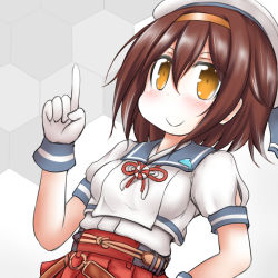 Rule 34 | 1girl, badge, blue sailor collar, brown hair, commentary request, cosplay, dolphin, gloves, hairband, hat, hip vent, honeycomb (pattern), honeycomb background, index finger raised, kantai collection, looking at viewer, mikura (kancolle) (cosplay), mikura (kancolle), orange hairband, ouno (nounai disintegration), pleated skirt, puffy short sleeves, puffy sleeves, red skirt, sailor collar, sailor hat, sailor shirt, shiratsuyu (kancolle), shirt, short hair, short sleeves, skirt, solo, undershirt, upper body, white background, white gloves, white headwear, white shirt, yellow eyes