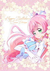 Rule 34 | 1girl, birthday, border, bow, character name, commentary request, copyright name, cure prism, dress, earrings, elbow gloves, eyelashes, flower, flower border, gloves, green eyes, hair ornament, happy, happy birthday, highres, hirogaru sky! precure, jewelry, kamikita futago, long hair, looking at viewer, magical girl, nijigaoka mashiro, pink hair, precure, smile, solo, standing, white dress, white gloves