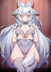 Rule 34 | 1girl, 5danny1206, absurdres, animal ears, arm strap, bare shoulders, blush, bow, bowtie, breasts, cleavage, closed mouth, collarbone, covered navel, detached collar, grey bow, grey bowtie, grey eyes, grey leotard, grey thighhighs, heart, heart hands, highleg, highleg leotard, highres, jewelry, large breasts, leotard, long hair, necklace, original, sitting, solo, thick thighs, thighhighs, thighs, white hair