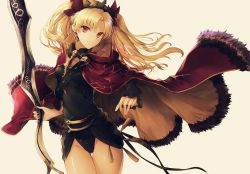 Rule 34 | 1girl, arched back, black dress, blonde hair, breasts, cape, cowboy shot, dress, earrings, ereshkigal (fate), fate/grand order, fate (series), floating clothes, floating hair, fur-trimmed cape, fur trim, gold trim, groin, hair ribbon, highres, holding, holding weapon, jewelry, leotard, leotard under clothes, long hair, looking at viewer, red cape, red eyes, red ribbon, ribbon, short dress, skull, small breasts, smile, solo, sparkle, thighs, tiara, tohsaka rin, twintails, two side up, weapon, yuririensu