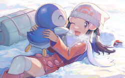 Rule 34 | 1girl, ;d, = (9 yawbus), bag, beanie, boots, breath, coat, commentary request, creatures (company), dawn (pokemon), day, duffel bag, eyelashes, game freak, gen 4 pokemon, grey eyes, hat, highres, holding, holding pokemon, long hair, long sleeves, nintendo, one eye closed, open mouth, outdoors, over-kneehighs, pink footwear, piplup, poke ball, poke ball (basic), pokemon, pokemon (creature), pokemon dppt, pokemon platinum, scarf, smile, snow, thighhighs, tongue, zipper pull tab