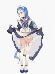 Rule 34 | 1girl, alternate costume, apron, bdsm, blue eyes, blue hair, branch (blackrabbits), choker, clothes lift, collar, enmaided, frills, full body, garter straps, heart-shaped lock, kantai collection, lifted by self, long hair, maid, maid apron, maid headdress, panties, puffy sleeves, ribbon, samidare (kancolle), skirt, skirt lift, slave, solo, swept bangs, thighhighs, underwear, very long hair, white background, white thighhighs