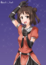 Rule 34 | &gt;:d, 1girl, :d, antenna hair, anti (untea9), black skirt, brown eyes, brown hair, cowboy shot, double bun, elbow gloves, gloves, highres, holding, holding microphone, idol, kantai collection, looking at viewer, microphone, naka (kancolle), open mouth, pleated skirt, school uniform, serafuku, short hair, skirt, smile, solo, twitter username, v-shaped eyebrows