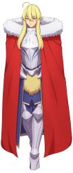 Rule 34 | 1girl, ahoge, armor, artoria pendragon (fate), artoria pendragon (lancer) (fate), blonde hair, breastplate, cape, expressionless, eyebrows hidden by hair, fate/grand order, fate (series), full body, fur-trimmed cape, fur trim, greaves, green eyes, hair between eyes, highres, long bangs, long hair, lvl (sentrythe2310), red cape, simple background, solo, white background