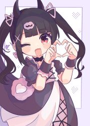 Rule 34 | 1girl, ;d, black choker, black dress, black hair, blunt bangs, blush, choker, commentary request, cowboy shot, demon horns, denonbu, dress, earrings, fang, hair ornament, hair ribbon, hands up, heart, heart earrings, heart hands, highres, horns, jewelry, long hair, looking at viewer, nyamaml, one eye closed, open mouth, puffy short sleeves, puffy sleeves, red eyes, reml, ribbon, short sleeves, skin fang, smile, solo, standing, twintails, wrist cuffs, x hair ornament