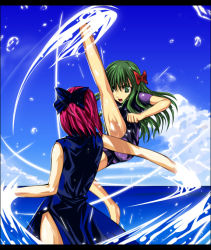 Rule 34 | 00s, 2girls, alternate color, arima miyako, battle, bodysuit, bow, china dress, chinese clothes, day, diving suit, dress, green eyes, green hair, high kick, kicking, kohaku (tsukihime), letterboxed, melty blood, mr. chin, multiple girls, ocean, one-piece swimsuit, outdoors, red hair, swimsuit, tangzhuang, tsukihime, type-moon, water, wetsuit