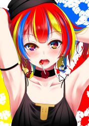 Rule 34 | 1girl, absurdres, arm strap, armpits, arms up, bare shoulders, black choker, black headwear, blonde hair, blue hair, blush, camisole, candy, choker, collarbone, commentary request, earrings, floral background, flower, food, food in mouth, gradient eyes, hecatia lapislazuli, highres, indica, jewelry, lollipop, long hair, looking at viewer, multicolored background, multicolored eyes, multicolored hair, open mouth, red eyes, red flower, red hair, red rose, rose, saliva, solo, streaked hair, touhou, yellow eyes