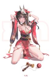 Rule 34 | 1girl, absurdres, armpits, arms up, artist name, bell, black choker, black sash, blush, breasts, brown hair, butterfly-shaped pupils, choker, cleavage, collarbone, criss-cross halter, detached sleeves, dress, feet up, fox mask, full body, halterneck, highres, honkai: star rail, honkai (series), kendama, kneeling, long hair, looking at viewer, mask, mask on head, medium breasts, neck bell, o-ring, open mouth, pelvic curtain, red dress, red sleeves, saliva, sash, solo, sparkle (honkai: star rail), sweat, symbol-shaped pupils, twintails, white background, wide sleeves, xiami (user gtpd5887)