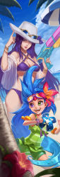 Rule 34 | 2girls, absurdres, beach, bikini, blue hair, blue sky, breasts, caitlyn (league of legends), cleavage, cloud, day, flat chest, frilled swimsuit, frills, green eyes, green one-piece swimsuit, hat, heterochromia, highres, league of legends, medium breasts, multiple girls, one-piece swimsuit, open clothes, outdoors, parted lips, photoshop (medium), pool party (league of legends), pool party caitlyn, pool party zoe, purple bikini, purple eyes, purple hair, sky, smile, squidsmith, standing, sunglasses, sunglasses on head, swimsuit, water gun, zoe (league of legends)