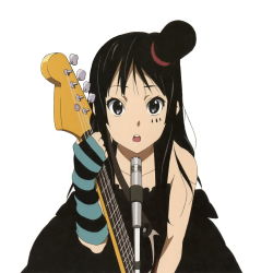Rule 34 | 1girl, akiyama mio, bass guitar, black hair, hat, highres, instrument, k-on!, long hair, mini hat, mini top hat, official art, qplus, simple background, solo, top hat, white background