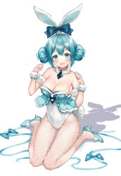 Rule 34 | 1girl, :d, absurdres, alternate hairstyle, animal ears, ankle bow, ankle ribbon, aqua eyes, aqua footwear, aqua hair, aqua necktie, aqua ribbon, bare shoulders, bicute bunnies miku, blush, bow, breasts, cleavage, covered navel, detached collar, double bun, ear ribbon, fake animal ears, fishnet pantyhose, fishnets, full body, fur trim, giftforalice, hair bun, hatsune miku, high heels, highres, large breasts, leg ribbon, leotard, looking at viewer, necktie, open mouth, pantyhose, playboy bunny, pom pom (clothes), rabbit ears, rabbit tail, ribbon, shadow, sitting, smile, solo, tail, vocaloid, w arms, wariza, white background, wrist cuffs