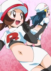 Rule 34 | 2girls, cosplay, creatures (company), dawn (pokemon), elbow gloves, game freak, gloves, hainchu, lyra (pokemon), multiple girls, nintendo, pokemon, pokemon (anime), team rocket, team rocket (cosplay)