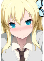 Rule 34 | 10s, 1girl, aqua eyes, blonde hair, blue eyes, blush, boku wa tomodachi ga sukunai, breasts, butterfly hair ornament, chance maker, closed mouth, collared shirt, embarrassed, facing viewer, female focus, hair between eyes, hair ornament, highres, kashiwazaki sena, large breasts, long hair, looking at viewer, necktie, nose blush, school uniform, shirt, sidelocks, simple background, solo, upper body, white background