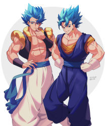Rule 34 | 2boys, abs, blue eyes, blue hair, blue sash, closed mouth, collarbone, commentary request, dougi, dragon ball, dragon ball super, earrings, gloves, gogeta, grey background, grin, hand on own hip, hand up, hands on own hips, highres, jewelry, looking at viewer, male focus, metamoran vest, multiple boys, pants, pectorals, potara earrings, sash, smile, spiked hair, standing, super saiyan, super saiyan blue, thumb to mouth, two-tone background, vegetto, white background, white gloves, white pants, zero-go