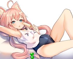 Rule 34 | 1girl, ahoge, animal ears, arm up, armpits, blue eyes, cat ears, choker, covered navel, food, hair bobbles, hair ornament, hinata channel, knee up, legs, long hair, low twintails, lying, nekomiya hinata, on back, one-piece swimsuit, open mouth, pink hair, popsicle, rk (rktorinegi), school swimsuit, solo, swimsuit, swimsuit under clothes, twintails, vest, virtual youtuber, white vest