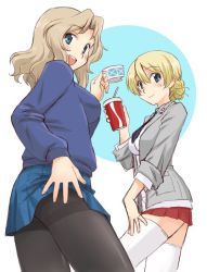 Rule 34 | black legwear, black neckwear, blazer, blonde hair, blouse, blue eyes, blue skirt, blue sweater, blush, braid, closed mouth, clothes lift, collared shirt, commentary request, cosplay, costume switch, cup, darjeeling (girls und panzer), disposable cup, dress shirt, drinking straw, from side, girls und panzer, grey jacket, hair intakes, hand on own hip, hand on own thigh, holding, holding cup, jacket, kay (girls und panzer), lifted by self, light blush, long hair, long sleeves, looking at viewer, looking back, miniskirt, necktie, open clothes, open jacket, open mouth, pantyhose, pleated skirt, red skirt, saunders school uniform, school uniform, shirt, short hair, skirt, skirt lift, sleeves rolled up, smile, st. gloriana&#039;s school uniform, standing, sweater, teacup, thighhighs, uona telepin, v-neck, white legwear, white shirt