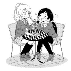 Rule 34 | 2girls, :o, ^ ^, arm rest, ayase eli, between fingers, blazer, blush, bow, bowtie, closed eyes, dessert, dot nose, eating, elbow rest, facing another, food, full body, greyscale, hair ornament, hair scrunchie, halftone, hand up, happy, head rest, holding, holding spoon, jacket, karaagetarou, kneehighs, knees together feet apart, legs together, loafers, long hair, long sleeves, looking at another, love live!, love live! school idol project, low twintails, miniskirt, monochrome, motion lines, multiple girls, on chair, open mouth, otonokizaka school uniform, parfait, pleated skirt, ponytail, round teeth, school uniform, scrunchie, shoes, signature, simple background, sitting, skirt, smile, socks, spoon, table, tareme, teeth, thighhighs, tiptoes, tojo nozomi, twintails, upper teeth only, v-shaped eyebrows, whipped cream, white background, wing collar, zettai ryouiki