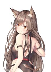 Rule 34 | 1girl, animal ears, arknights, bare shoulders, breasts, brown eyes, cat ears, cat tail, closed mouth, hair between eyes, highres, long hair, looking at viewer, looking back, medium breasts, official alternate costume, skyfire (arknights), skyfire (temperature difference) (arknights), smile, sob (submar1089), solo, swimsuit, tail