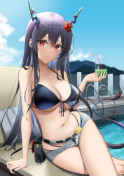 Rule 34 | 1girl, arknights, beach chair, belt, belt pouch, bikini, bikini under clothes, blue hair, blue sky, breasts, ch&#039;en (arknights), ch&#039;en the holungday (arknights), ch&#039;en the holungday (elite ii) (arknights), cleavage, closed mouth, cloud, cup, cushion, day, dolphin shorts, drinking glass, drinking straw, flower, front-tie bikini top, front-tie top, hair flower, hair ornament, highres, holding, holding cup, horns, large breasts, long hair, looking at viewer, navel, official alternate costume, outdoors, pool, pool ladder, poolside, pouch, red eyes, ri qing, shorts, sitting, sky, solo, straight hair, swimsuit, tail, thighs, very long hair