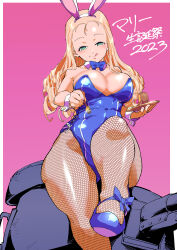 Rule 34 | 1girl, 2023, :q, absurdres, alternate costume, animal ears, birthday, black pantyhose, blonde hair, blue bow, blue bowtie, blue footwear, blue leotard, bow, bowtie, breasts, character name, closed mouth, collar, commentary, detached collar, drill hair, fake animal ears, fishnet pantyhose, fishnets, food, fork, ft-17, girls und panzer, green eyes, half-closed eyes, high heels, highres, holding, holding fork, holding saucer, knee up, large breasts, leotard, long hair, looking at viewer, marie (girls und panzer), military vehicle, mont blanc (food), motor vehicle, on vehicle, pantyhose, pink background, playboy bunny, rabbit ears, saucer, shinkuukan (tetsuo3), side-tie leotard, sitting, smile, solo, strapless, strapless leotard, tank, tongue, tongue out, translated, white collar, wing collar, wrist cuffs
