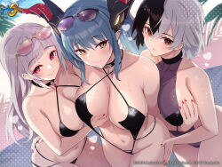 Rule 34 | 3girls, absurdres, azur lane, black hair, blush, breasts, bruenhilde (azur lane), cleavage, closed mouth, collarbone, commentary request, company connection, company name, eyewear on head, fingernails, halterneck, highres, hori (hori no su), horns, large breasts, lips, logo, long hair, looking at viewer, multiple girls, nail polish, navel, official alternate costume, official art, pointy ears, ponytail, purple eyes, purple hair, red eyes, regensburg (azur lane), regensburg (dark dragon brilliant beach) (azur lane), short hair, simple background, smile, sparkle, stomach, sunglasses, sweat, sweatdrop, swimsuit, thighs, white hair, yellow eyes, yorck (azur lane)