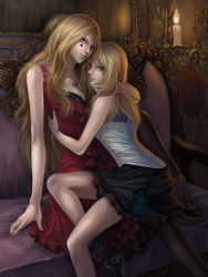 Rule 34 | 2girls, arm around neck, bad id, bad pixiv id, bare shoulders, black legwear, blonde hair, blue eyes, boots, candle, couch, dress, facial tattoo, female focus, gem, hug, incest, jewelry, kacyu, legs, lips, lipstick, long hair, looking at viewer, looking back, makeup, mirror, multiple girls, nail polish, necklace, original, pantyhose, red dress, reflection, shoes, siblings, sisters, sitting, sitting on person, skirt, sleeveless, smile, tattoo, yuri