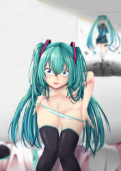 Rule 34 | 1girl, absurdres, aqua hair, bent over, blue eyes, blue hair, blurry, blush, breasts, depth of field, hatsune miku, highres, indoors, long hair, looking at viewer, nipples, nude, panties, panty pull, poster (object), solo, striped, twintails, uc-sama, underwear, undressing, very long hair, vocaloid
