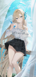 Rule 34 | 1girl, absurdres, aqua ribbon, asuna (blue archive), black skirt, blue archive, blue eyes, blue nails, blush, commentary, day, hair between eyes, hair ribbon, halo, highres, holding, jewelry, k.j., light brown hair, long hair, long sleeves, looking at viewer, miniskirt, necklace, off-shoulder shirt, off shoulder, outdoors, pleated skirt, ribbon, shirt, shirt tucked in, skirt, smile, solo, teeth, very long hair, white shirt