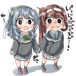 Rule 34 | 2girls, @ @, ahoge, asagumo (kancolle), bad id, bad twitter id, black legwear, blue eyes, blush, bow, bowtie, brown footwear, brown hair, commentary request, ebifurya, full body, green neckwear, hairband, highres, holding hands, inactive account, kantai collection, long hair, long sleeves, looking at viewer, mary janes, multiple girls, open mouth, pleated skirt, ponytail, school uniform, serafuku, shoes, sidelocks, simple background, skirt, snot, socks, standing, tears, white background, yamagumo (kancolle)