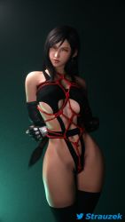 Rule 34 | 1girl, 3d, alternate costume, arms behind back, artist name, bare shoulders, bdsm, birthmark, black hair, black nails, black thighhighs, bound, breasts, cleavage, collarbone, earrings, elbow gloves, female focus, final fantasy, final fantasy vii, final fantasy vii remake, fingerless gloves, gloves, hair between eyes, highres, jewelry, large breasts, legs, long hair, looking at viewer, low-tied long hair, nail polish, navel, navel piercing, parted lips, piercing, red eyes, red rope, rope, shibari, shiny skin, solo, square enix, standing, stomach, strauzek, thighhighs, thighs, tifa lockhart, twitter username, underboob, weapon