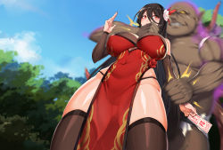 Rule 34 | 1boy, 1girl, arm grab, bare shoulders, black hair, blush, breasts, china dress, chinese clothes, cleft of venus, clothed female nude male, cloud, covered navel, day, detached sleeves, dress, flower, forest, from below, groin, hair between eyes, hair flower, hair ornament, highres, imminent rape, kcccc, large breasts, legs, long hair, looking back, nature, nude, ofuda, original, outdoors, red eyes, sky, standing, surprised, thighhighs, thighs, thong, tree
