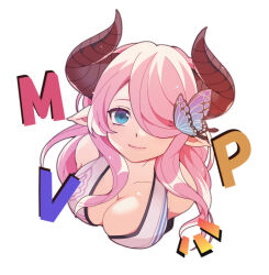 Rule 34 | 1girl, bikini, blue eyes, breasts, butterfly hair ornament, cleavage, commentary request, draph, english text, granblue fantasy, hair ornament, hair over one eye, horns, long hair, looking at viewer, looking up, medium breasts, mvp, narmaya (granblue fantasy), narmaya (summer) (granblue fantasy), notice lines, pointy ears, portrait, sidelocks, smile, sweet love4s, swimsuit, white background