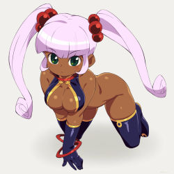 Rule 34 | all fours, bottomless, breasts, cleavage, dark-skinned female, dark skin, elbow gloves, glenda (puchi puri yucie), gloves, green eyes, hair bobbles, hair ornament, highres, large breasts, om (nk2007), pink hair, puchi puri yucie, simple background, thighhighs, twintails