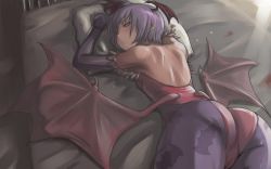 Rule 34 | 1girl, animal print, ass, back, backless outfit, bad id, bad pixiv id, bare back, bat print, bed, blush, capcom, demon girl, head wings, leotard, lilith aensland, looking back, low wings, lying, on stomach, pantyhose, pillow, pink eyes, print pantyhose, purple hair, short hair, shoulder blades, solo, sweat, tea (nakenashi), vampire (game), wings