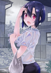 Rule 34 | 1girl, adjusting hair, arm up, ass, bag, black hair, black pants, blue hair, blush, bokutachi no remake, bra, braid, breasts, building, clenched hand, cowboy shot, flower, from side, hair between eyes, hair flower, hair ornament, hairclip, hand up, holding, house, looking at viewer, looking back, medium breasts, open mouth, outdoors, pants, plastic bag, rain, red eyes, see-through, shino aki, shirt, short hair, short sleeves, solo, underwear, wet, wet clothes, wet hair, white shirt, yanngoto