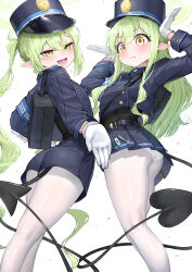Rule 34 | 2girls, :d, absurdres, ass, black hat, black shorts, black skirt, blue archive, chee ke, closed mouth, commentary request, demon tail, green hair, hat, highres, hikari (blue archive), long hair, looking at viewer, multiple girls, nozomi (blue archive), open mouth, panties, panties under pantyhose, pantyhose, pointy ears, shorts, sidelocks, simple background, skirt, smile, tail, twintails, underwear, white background, white panties, white pantyhose, yellow eyes