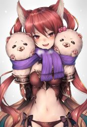 Rule 34 | 1girl, animal ears, blush, breasts, cerberus (shingeki no bahamut), dog ears, granblue fantasy, hair between eyes, hand puppet, long hair, looking at viewer, medium breasts, midriff, navel, open mouth, puppet, red eyes, red hair, revealing clothes, scarf, shingeki no bahamut, simple background, snm (sunimi), solo, twintails, very long hair, white background