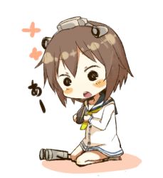Rule 34 | 10s, 1girl, bad id, bad pixiv id, binoculars, black eyes, blush stickers, brown hair, chibi, dress, eating, headgear, kantai collection, lowres, nonono (mino), open mouth, personification, sailor dress, seed, short hair, sitting, solo, sunflower seed, yukikaze (kancolle)
