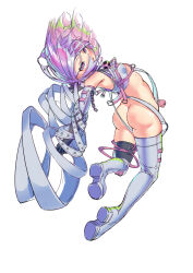 Rule 34 | 1girl, absurdres, alice soft, ass, ball gag, belt, belt buckle, black gloves, bondage outfit, boots, bottomless, breasts, buckle, chain, dohna dohna issho ni warui koto o shiyou, full body, gag, gloves, highres, lock, nekosama13, padlock, parted lips, pink eyes, porno (dohna dohna), revealing clothes, short hair, simple background, small breasts, solo, strap, thigh boots, white background, white belt, white footwear, white hair, wiffle gag
