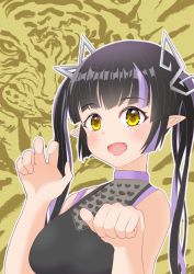 Rule 34 | 1girl, black hair, black shirt, blouse, blunt bangs, blush, breasts, cleavage, commentary request, demon girl, demon horns, fang, heart, heart print, highres, horns, kojo anna, kojo anna (1st costume), long hair, looking at viewer, medium breasts, multicolored hair, nanashi inc., no jacket, open mouth, paw pose, pointy ears, print shirt, purple hair, robou no stone, see-through, see-through cleavage, see-through shirt, shirt, sleeveless, sleeveless shirt, smile, solo, sugar lyric, tiger, twintails, two-tone hair, upper body, virtual youtuber, yellow eyes