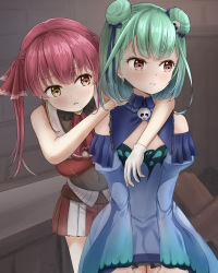 Rule 34 | 2girls, arm across chest, arm on another&#039;s shoulder, asakura (asa t77), ascot, blue dress, bodysuit, breasts, commentary request, cowboy shot, detached sleeves, double bun, dress, expressionless, flat chest, green hair, grey background, hair bun, hair ornament, hair ribbon, heterochromia, highres, hololive, houshou marine, leaning forward, leaning on person, long sleeves, looking to the side, medium breasts, multiple girls, parted lips, pleated skirt, red ascot, red eyes, red hair, red vest, ribbon, short hair, skirt, skull hair ornament, two-tone skirt, two side up, uruha rushia, uruha rushia (1st costume), vest, virtual youtuber, yellow eyes